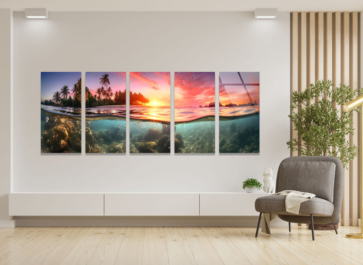 Tropical Island With A Sunset&Submarine Glass Wall Art, glass wall decor, glass wall art decor