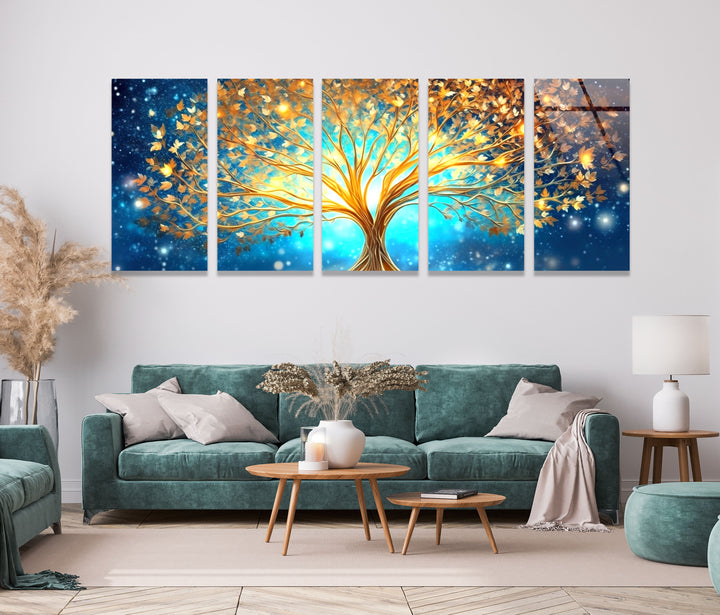 Golden Tree Of Life Abstract Glass Wall Art, photo print on glass, prints on glass wall art