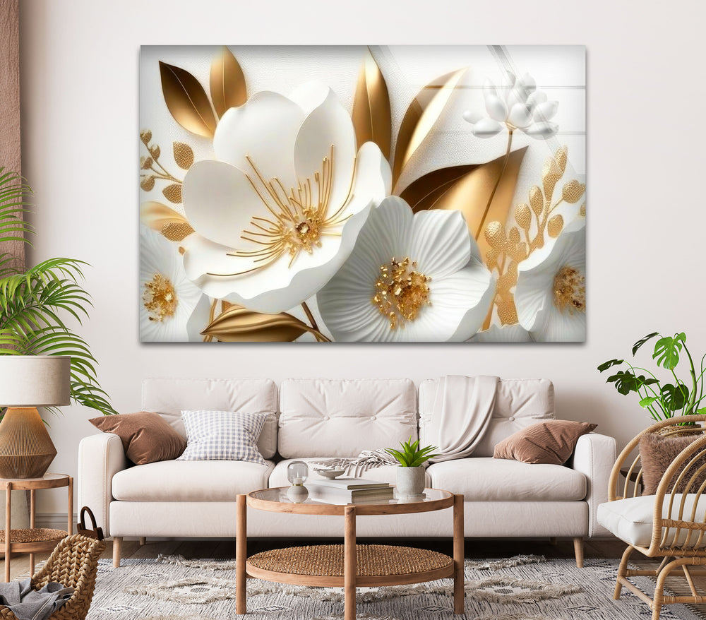 White Gold Flowers Glass Wall Art, glass wall decor, glass wall art decor