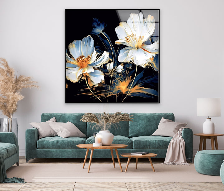 White Flowers Paint Glass Wall Art, art glass wall art, glass wall art pictures