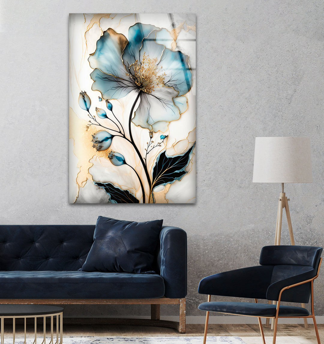 Blue Floral Oil Painting Glass Wall Art, glass image printing, glass prints from photos