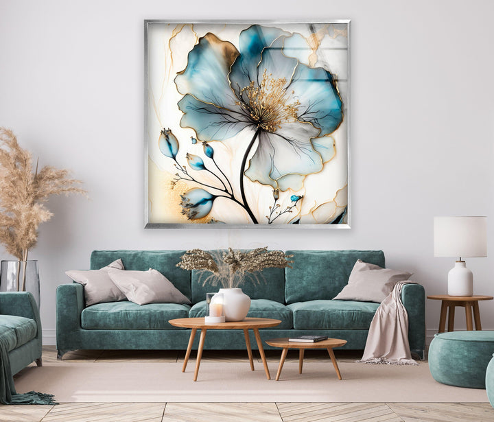 Blue Floral Oil Painting Glass Wall Art, glass photo prints, glass picture prints