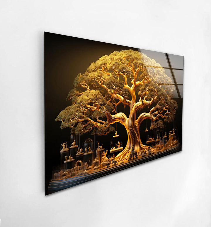 Golden Tree Glass Wall Art, glass art painting, glass art for the Wall