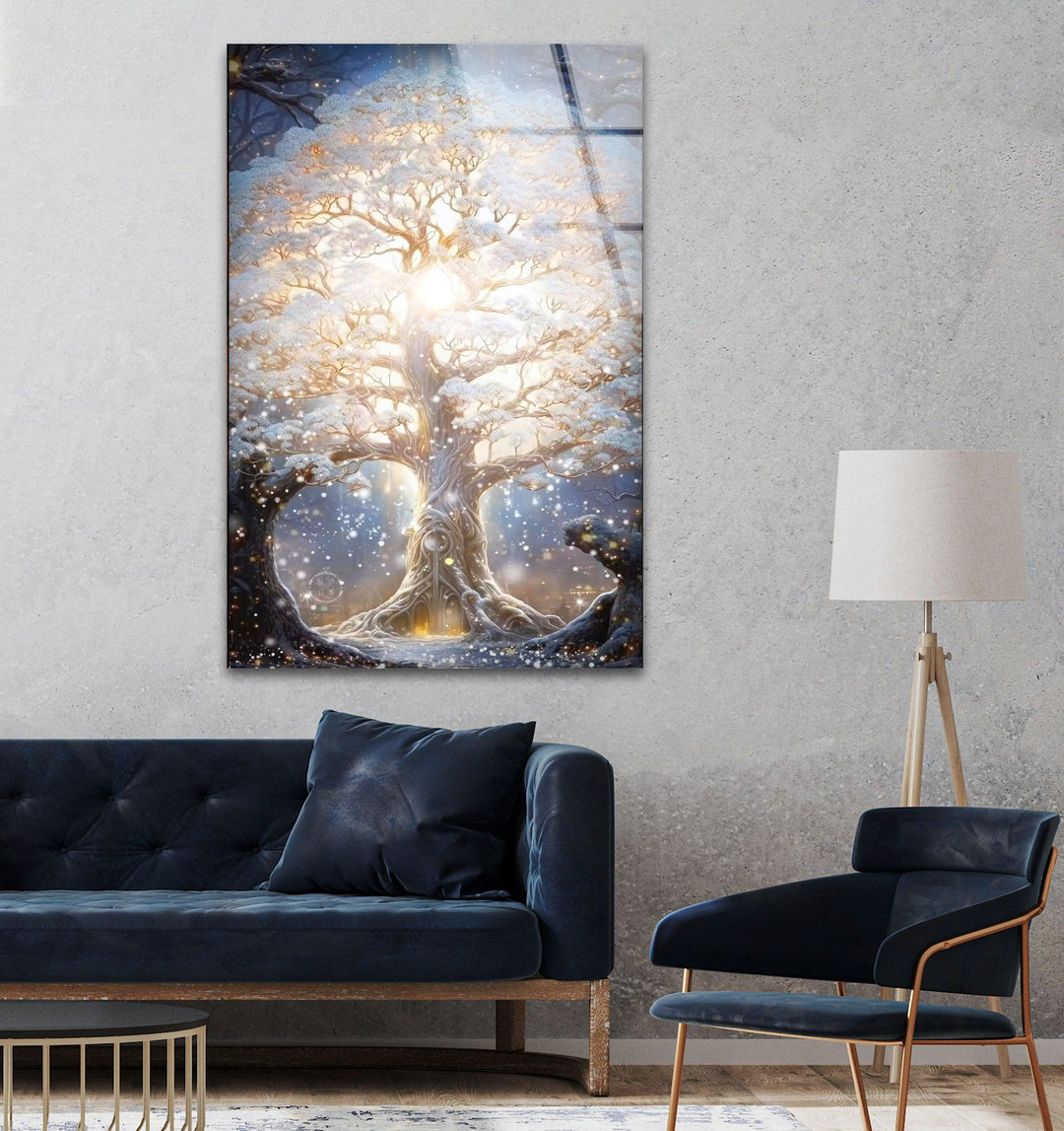 Glowing Blossom Oak Tree Glass Wall Art, glass pictures for Wall, glass prints wall art