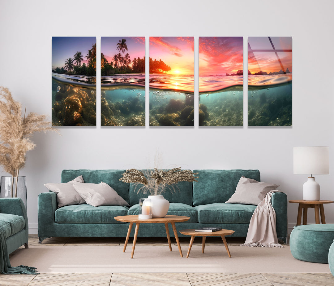 Tropical Island With A Sunset&Submarine Glass Wall Art, photo print on glass, prints on glass wall art