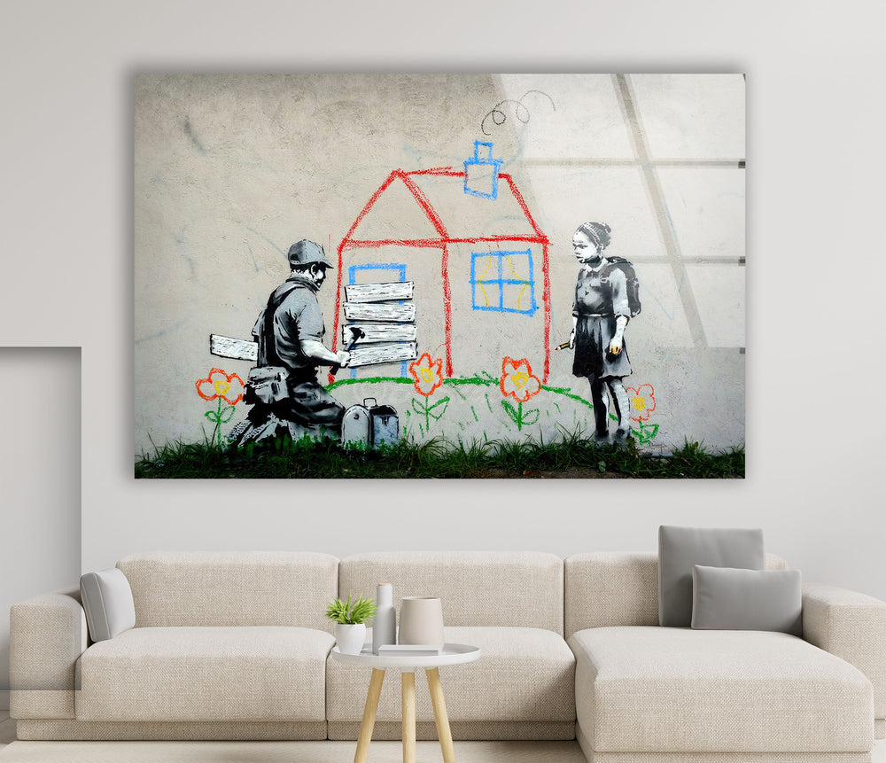 Banksy Kids House Tempered Glass Wall Art - Discover unique Banksy prints and elevate your home decor with the artist's iconic designs. Our collection of Banksy wall art and paintings for sale offers something for every taste. Purchase Banksy art today and bring contemporary flair to your walls.