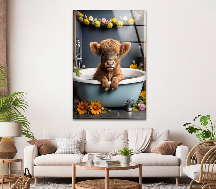 Cow in The Tub Glass Wall Art photo print on glass, prints on glass wall art