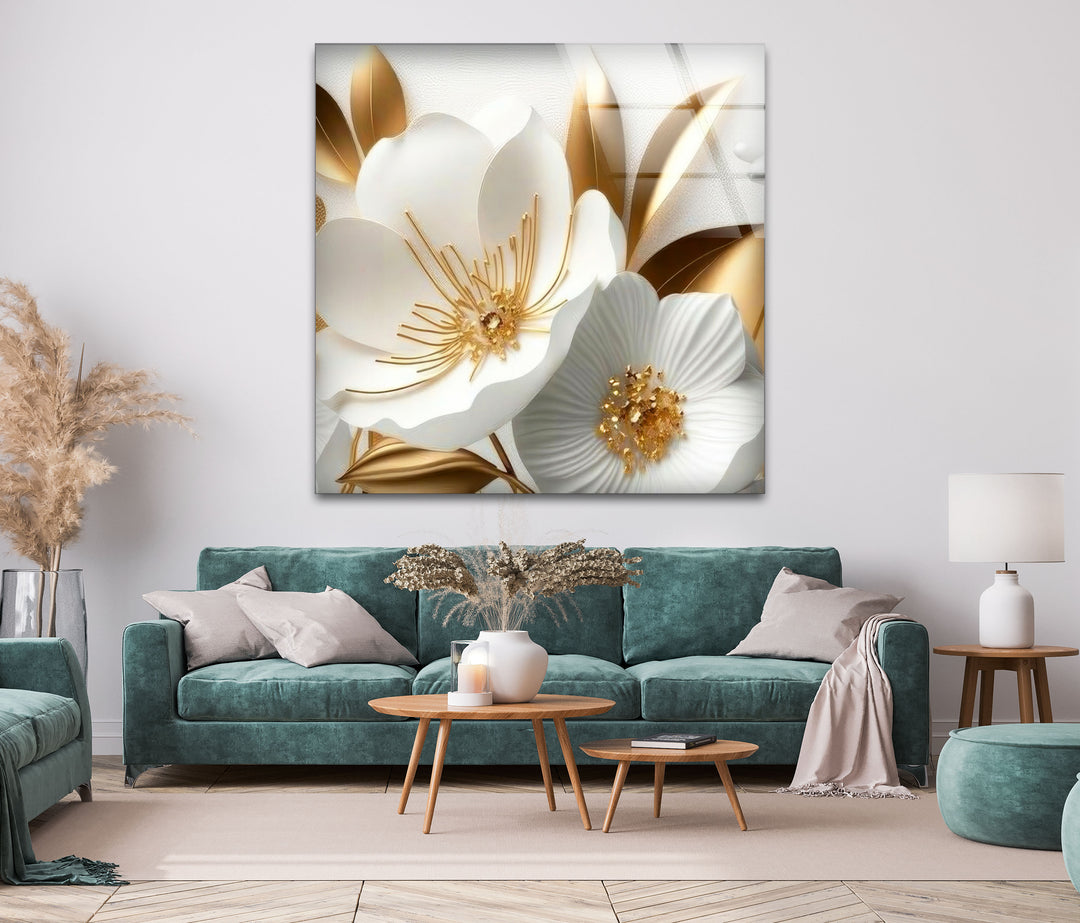 White Gold Flowers Glass Wall Art, art glass wall art, glass wall art pictures