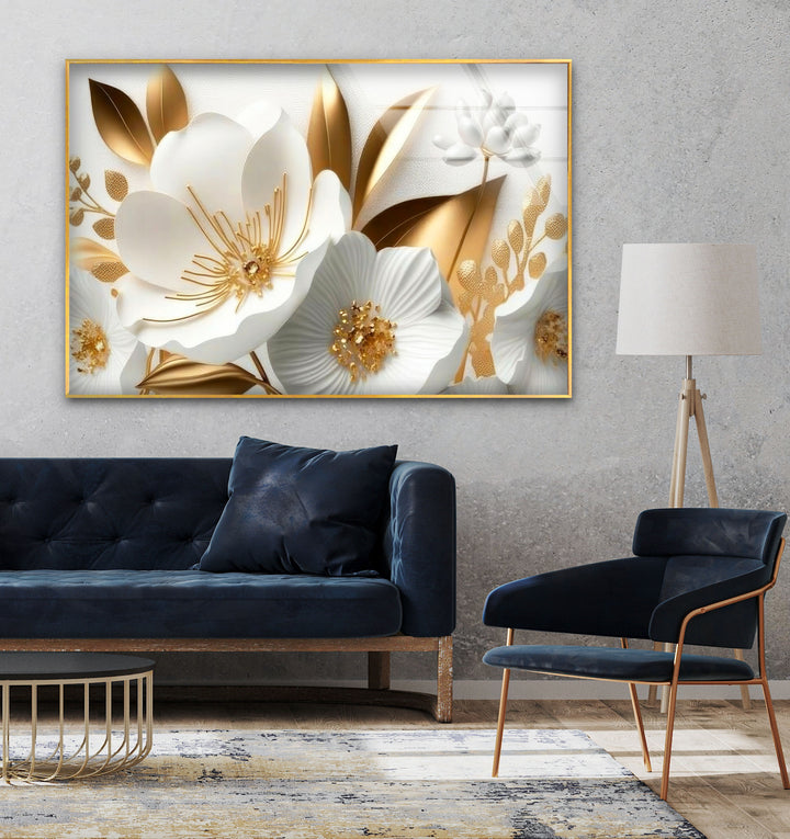 White Gold Flowers Glass Wall Art, Glass Printing Wall Art, Print photos on glass