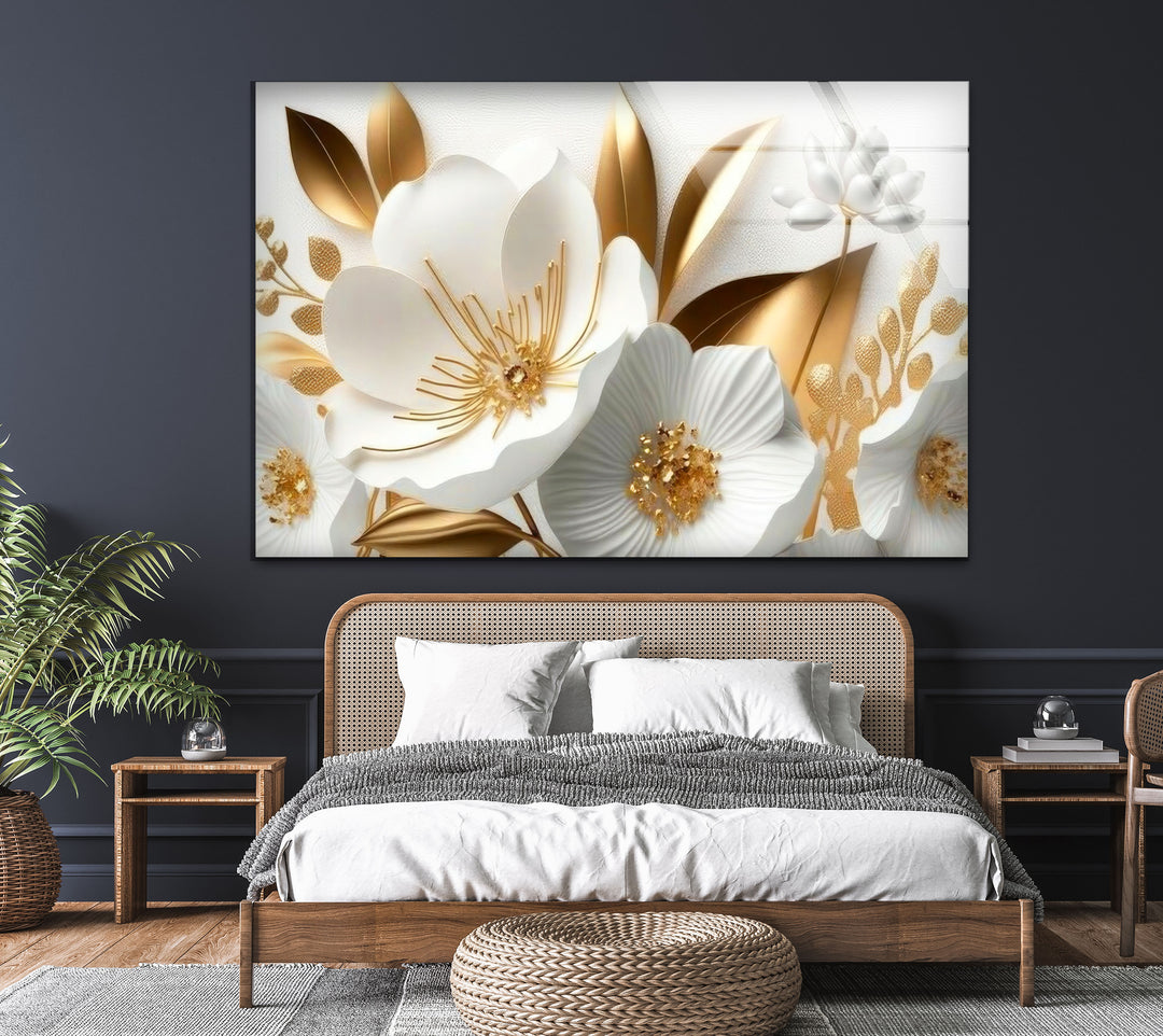 White Gold Flowers Glass Wall Art, glass photo prints, glass picture prints