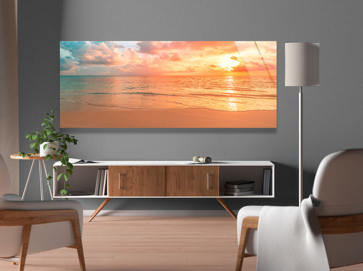 Pastel Sunset Beach Landscape Glass Wall Art, photo print on glass, prints on glass wall art