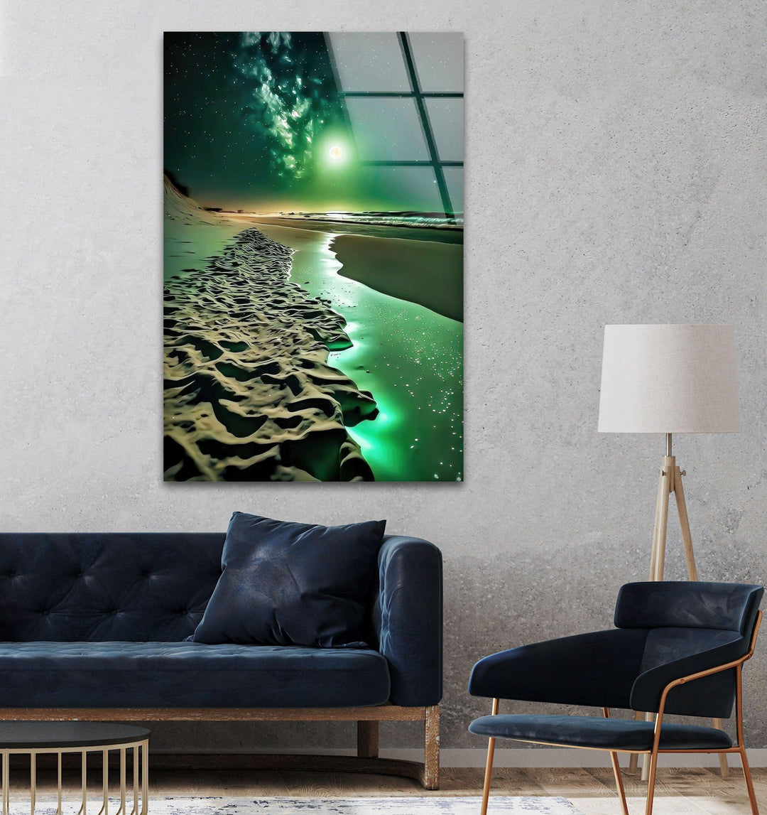 Sea Night Green Moon Glass Wall Art glass art painting, glass art for the Wall