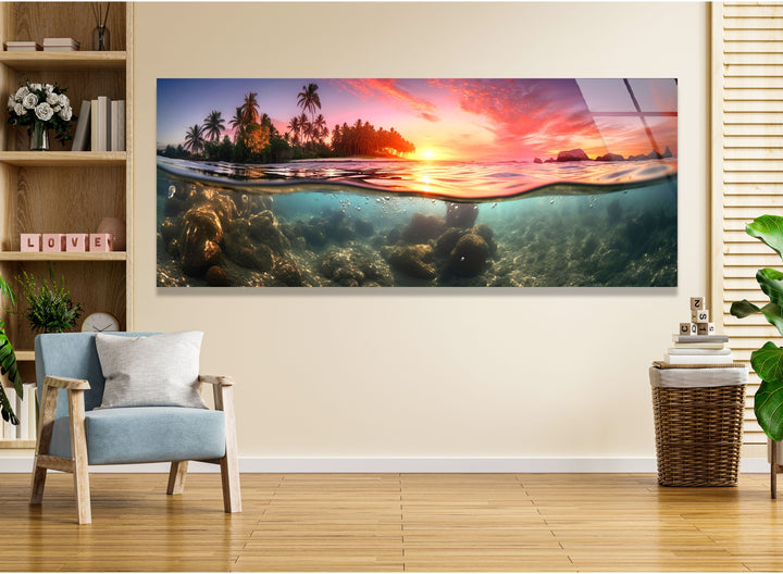 Tropical Island With A Sunset&Submarine Glass Wall Art, custom glass photo prints, large glass prints