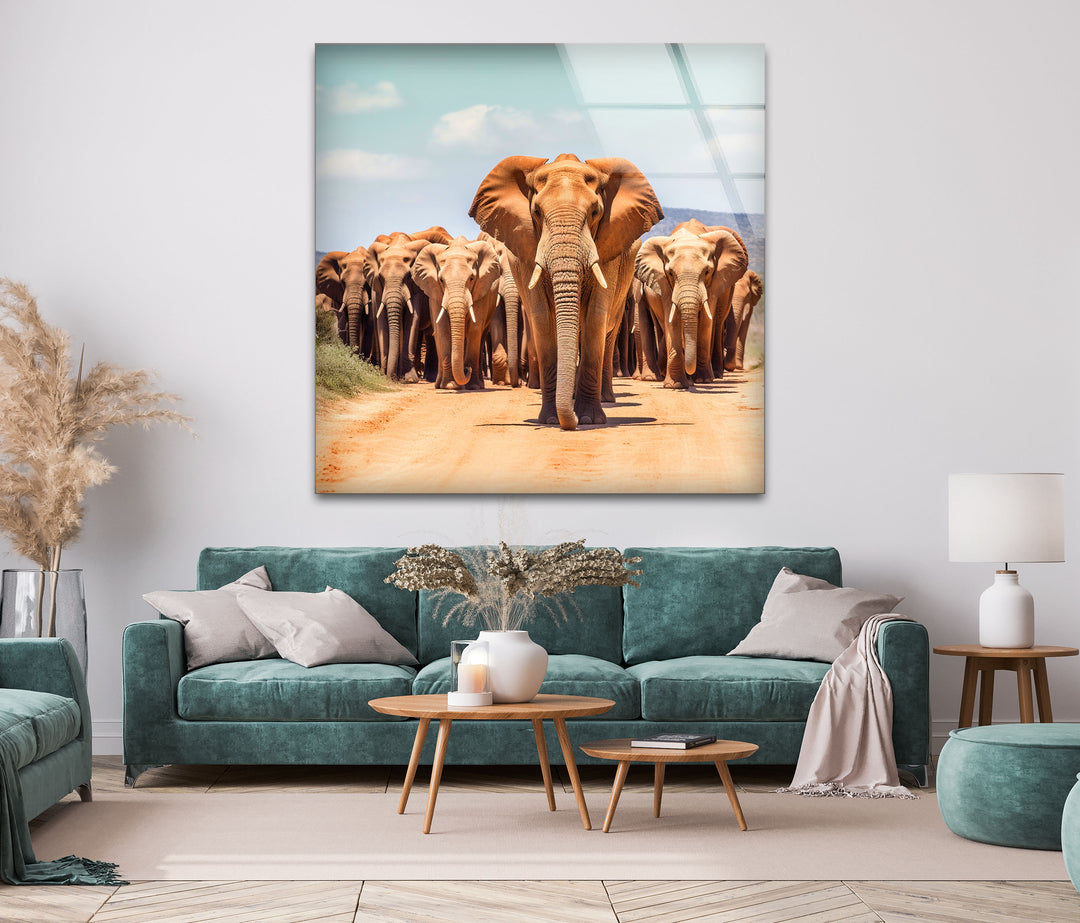 Elephants in The Wild Glass Wall Art print picture on glass, Tempered Glass Wall Art