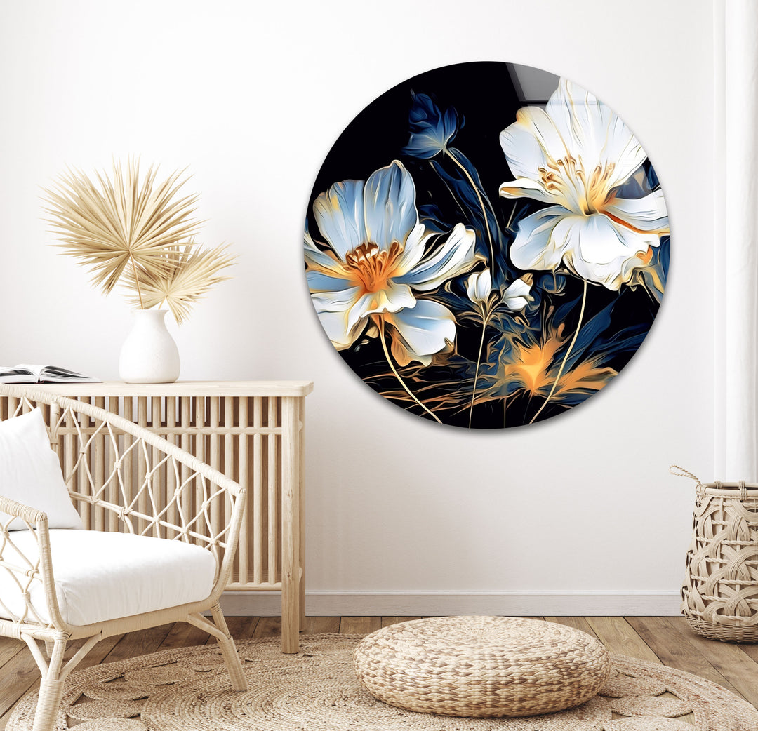 White Flowers Paint Glass Wall Art, glass art painting, glass art for the Wall