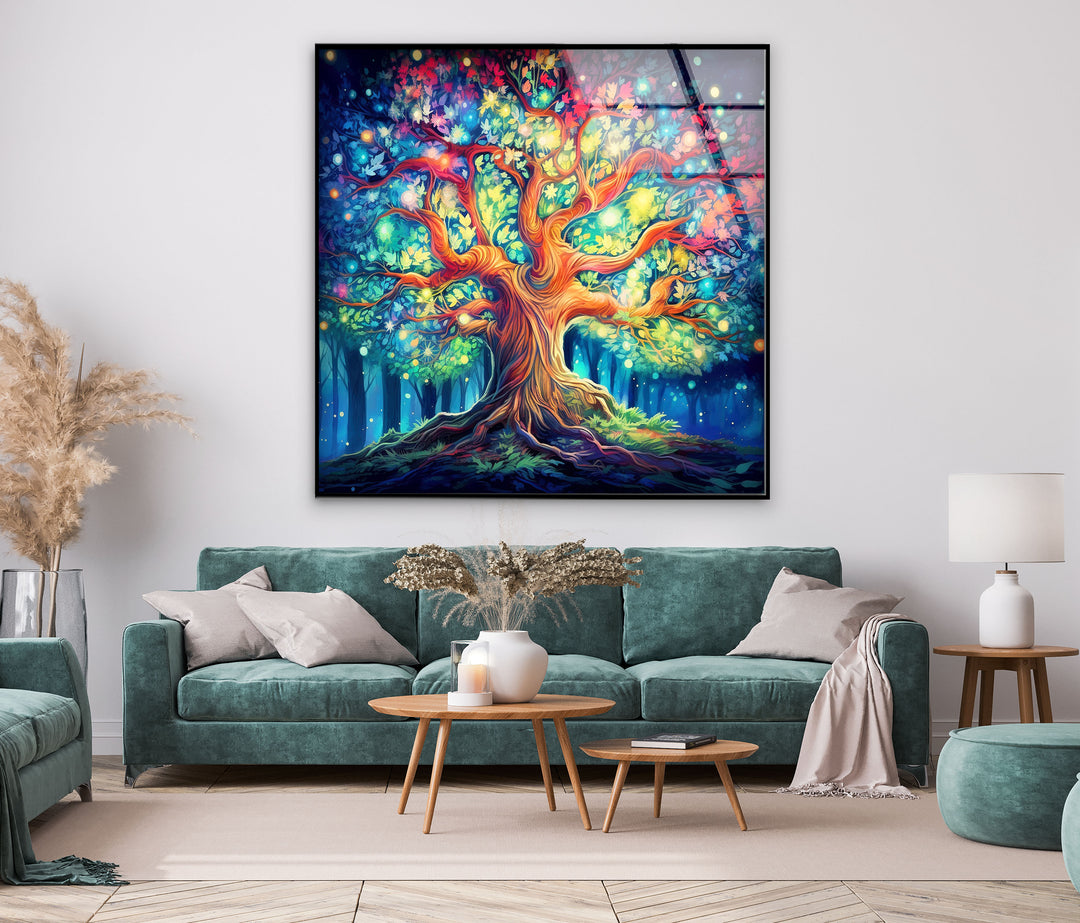 Tree With Colorful Leaves Glass Wall Art, custom glass pictures, glass art prints