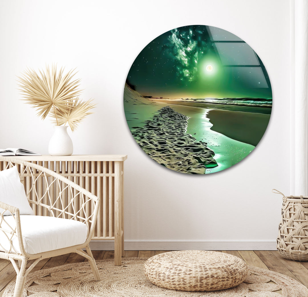 Sea Night Green Moon Glass Wall Art glass wall decor, glass wall art decor