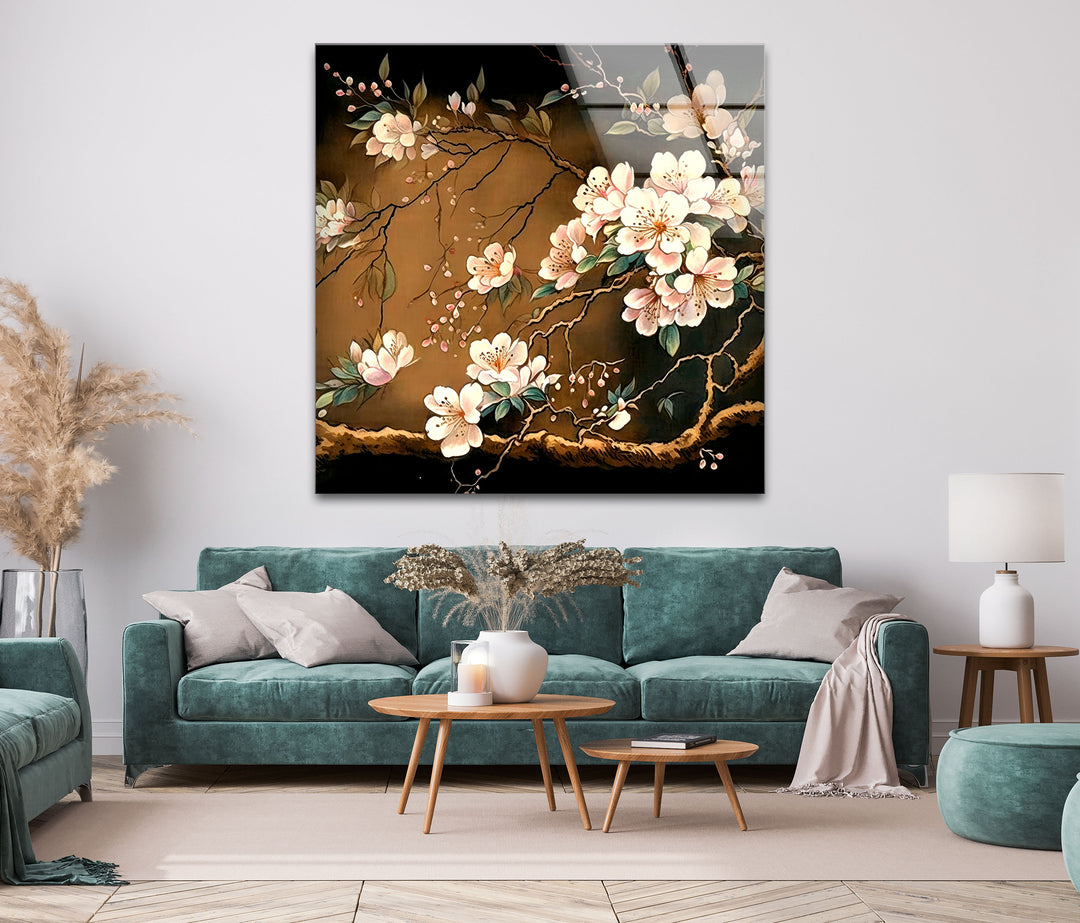 Gold Cherry Blossom Glass Wall Art, glass photo prints, glass picture prints