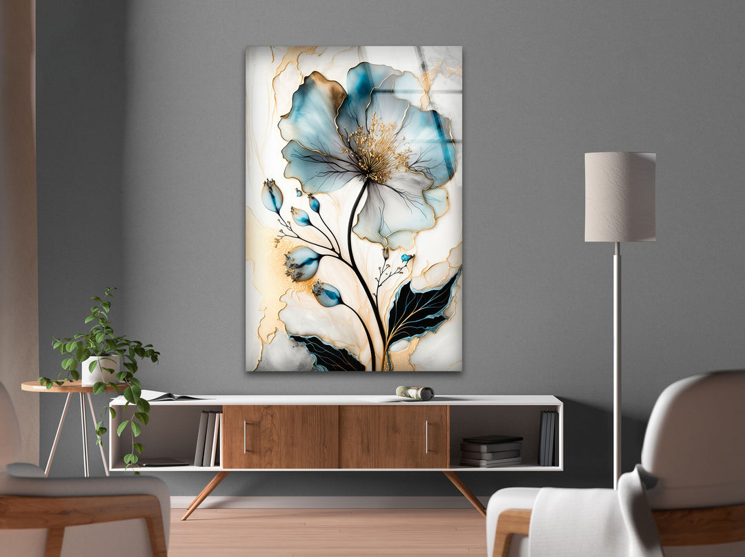 Blue Floral Oil Painting Glass Wall Art, custom glass pictures, glass art prints