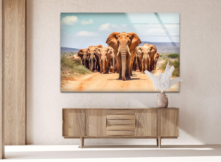 Elephants in The Wild Glass Wall Art print on glass, glass printed photos