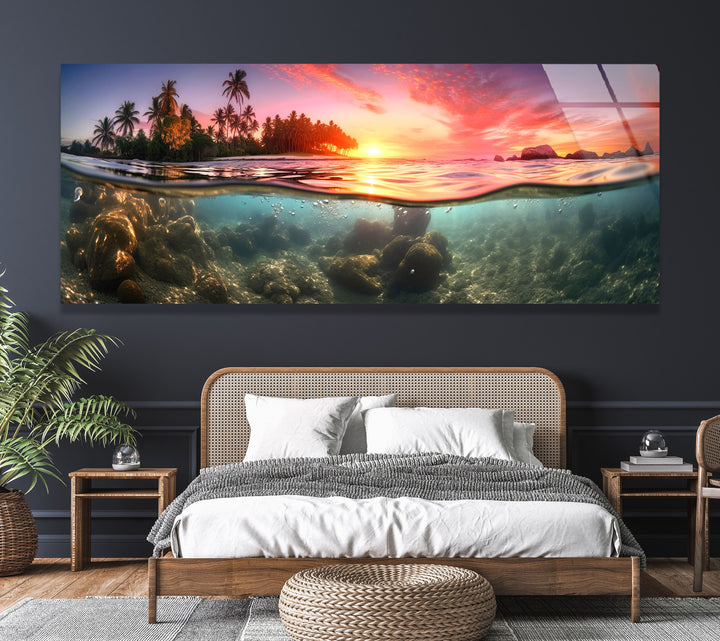 Tropical Island With A Sunset&Submarine Glass Wall Art, large glass photo prints, glass wall photos