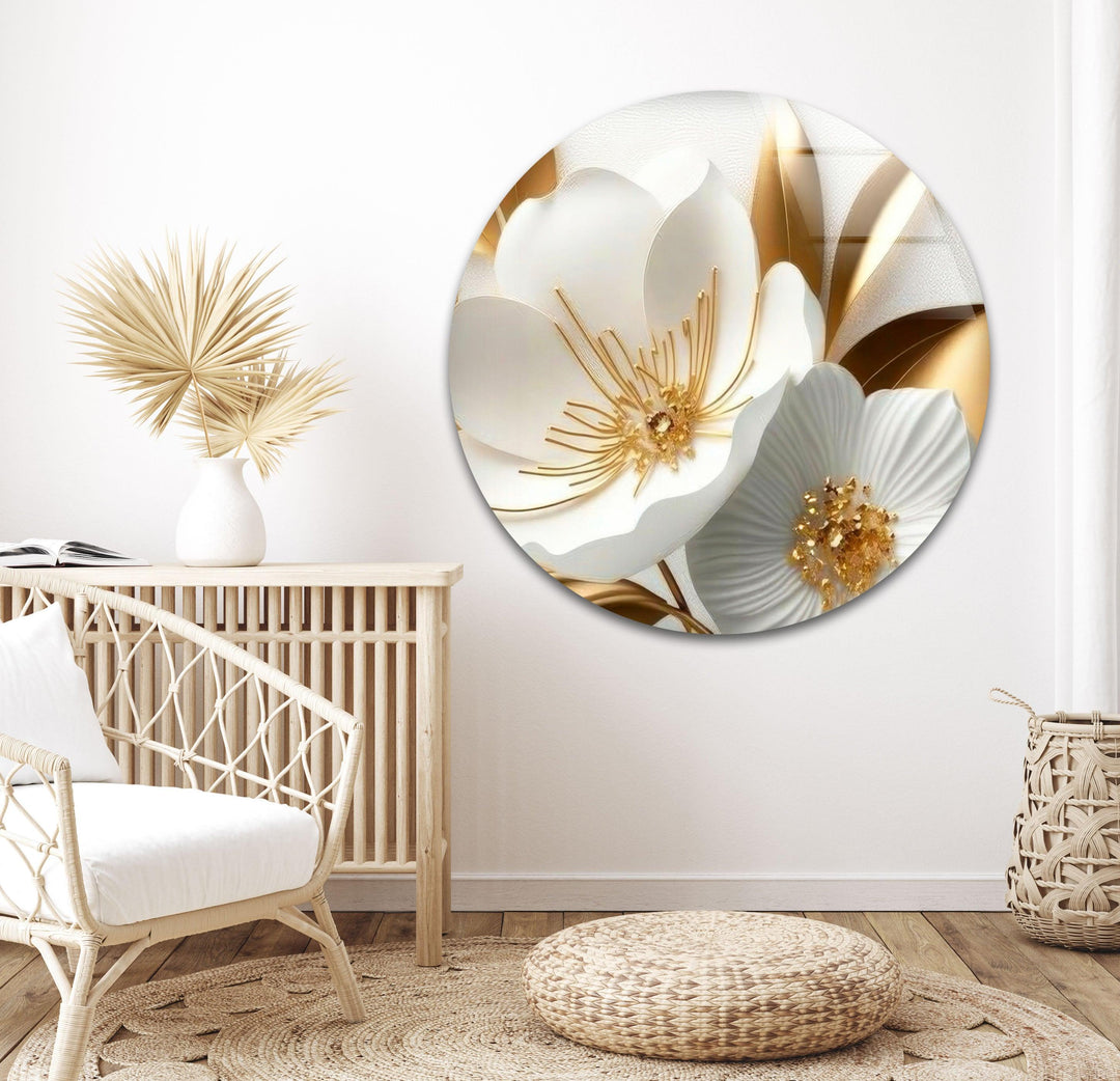 White Gold Flowers Glass Wall Art, glass art painting, glass art for the Wall