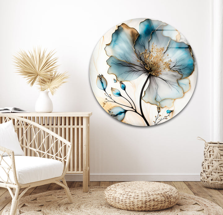 Blue Floral Oil Painting Glass Wall Art, Glass Printing Wall Art, Print photos on glass