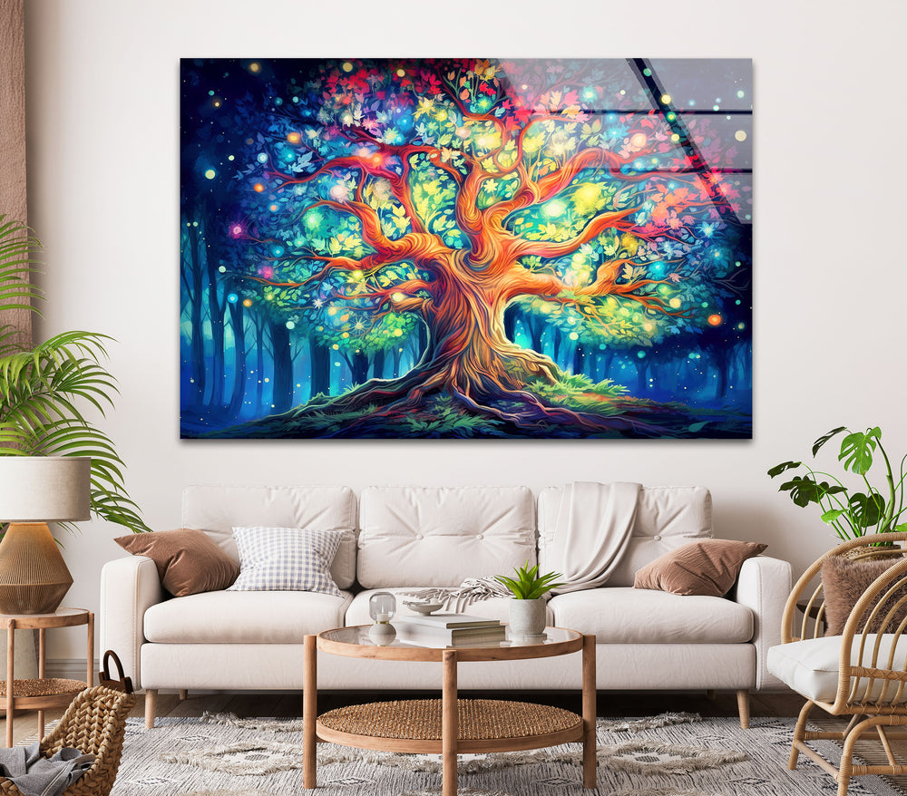 Tree With Colorful Leaves Glass Wall Art, picture on glass wall art, photos printed on glass