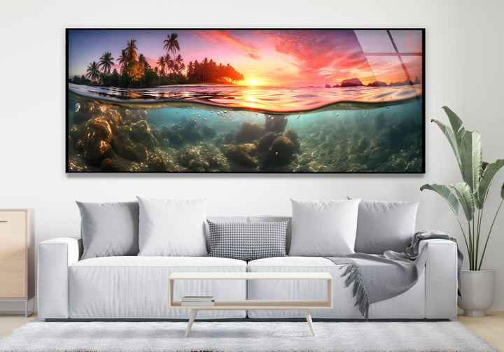 Tropical Island With A Sunset&Submarine Glass Wall Art, print picture on glass, Tempered Glass Wall Art