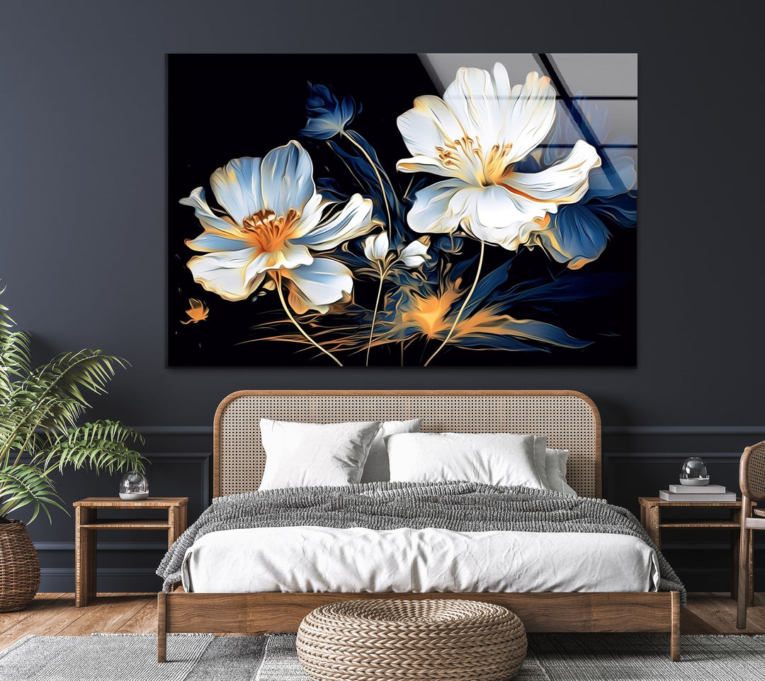 White Flowers Paint Glass Wall Art, glass photo prints, glass picture prints