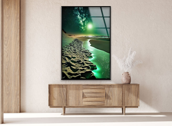 Sea Night Green Moon Glass Wall Art print on glass, glass printed photos