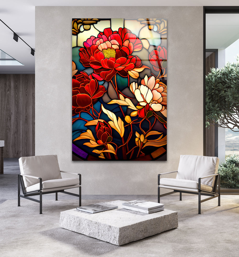 Red Peonies Stained Glass Wall Art, picture on glass wall art, photos printed on glass