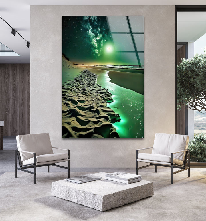 Sea Night Green Moon Glass Wall Art picture on glass wall art, photos printed on glass