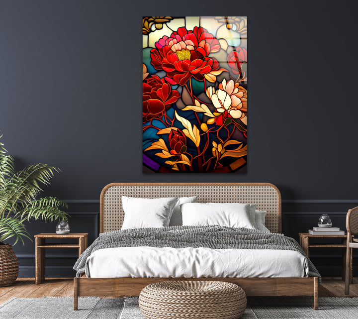 Red Peonies Stained Glass Wall Art, glass photo prints, glass picture prints