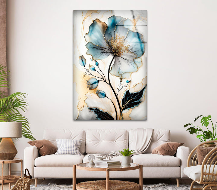 Blue Floral Oil Painting Glass Wall Art, art glass wall art, glass wall art pictures