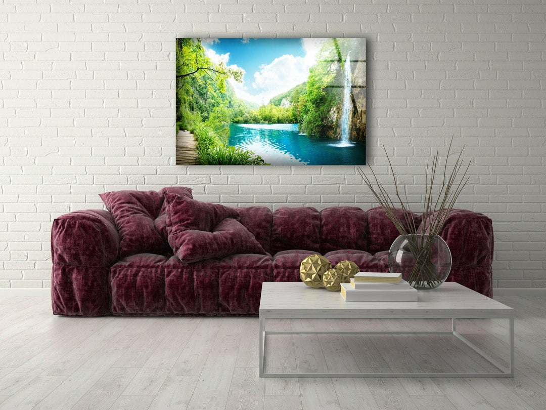 Green Forest & Waterfall Glass Wall Art glass photo prints, glass picture prints