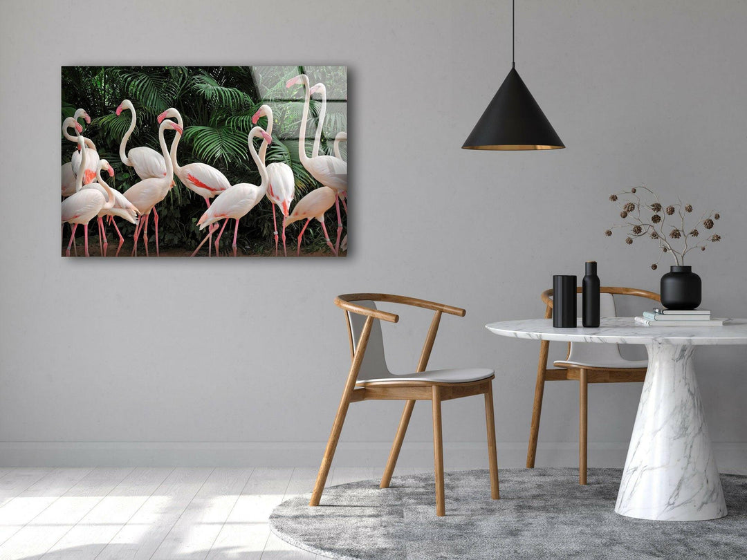 Group White Flamingos Glass Wall Art glass pictures for Wall, glass prints wall art