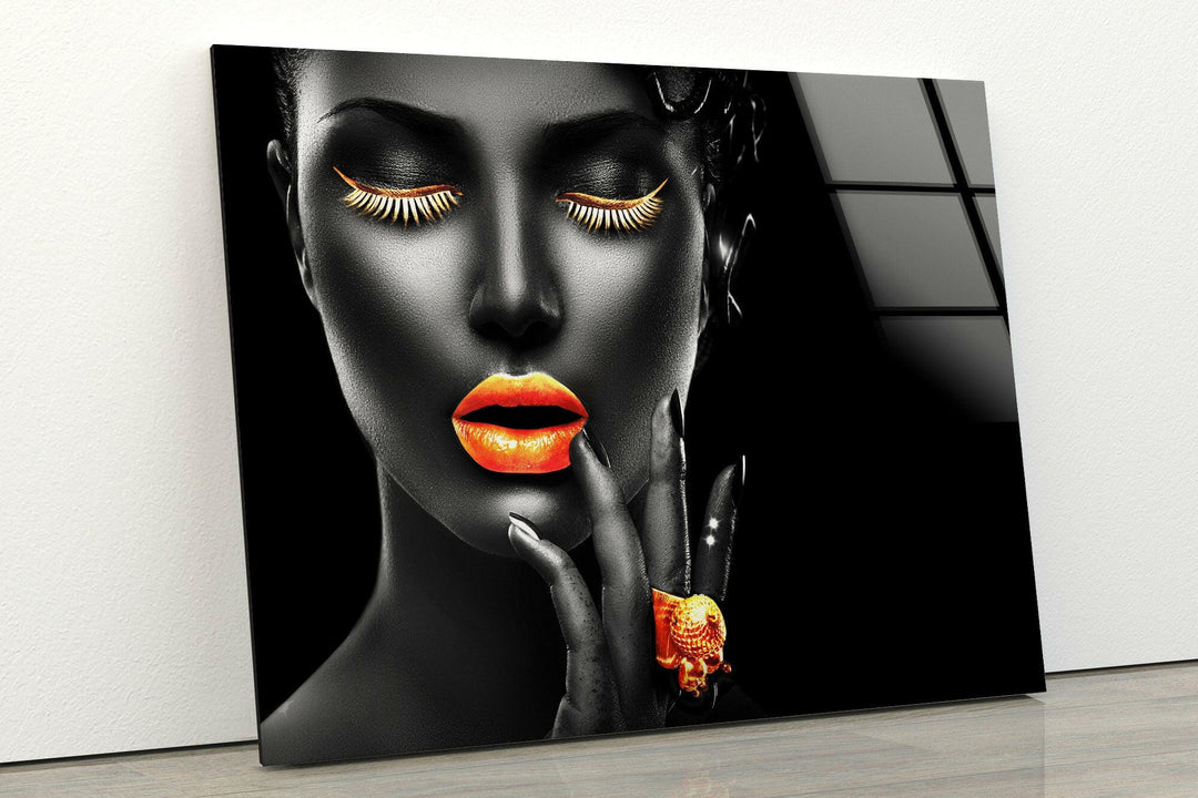 Gold Lips Woman Portrait Tempered Glass Wall Art - MyPhotoStation