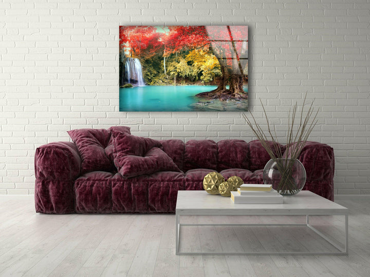 Waterfall in Autumn Forest Glass Wall Art glass photo prints, glass picture prints