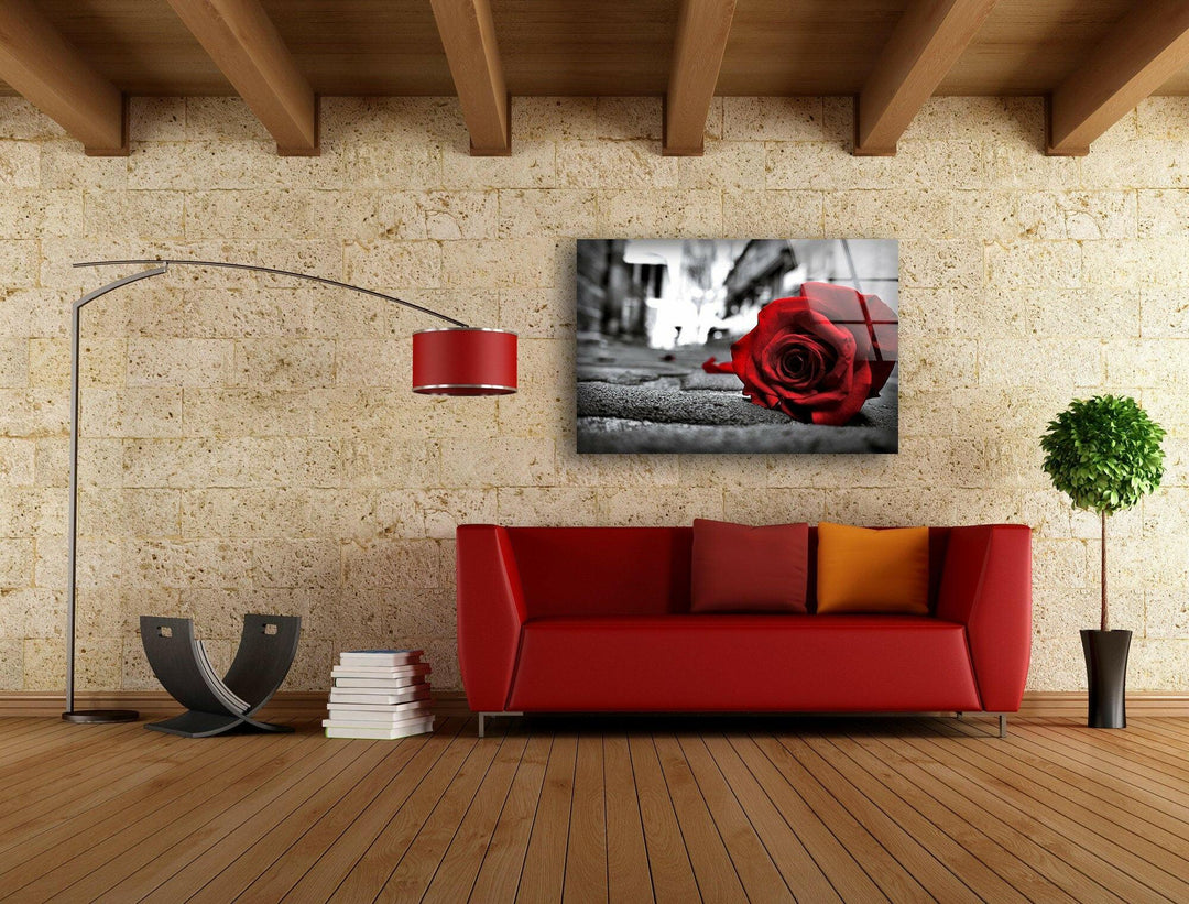 Red Rose Flower Glass Wall Art, glass wall decor, glass wall art decor