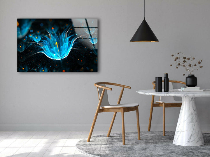 Neon Blue Flower Glass Wall Art, glass pictures for Wall, glass prints wall art