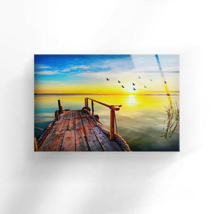 Sunset on The Lake & Birds Glass Wall Art