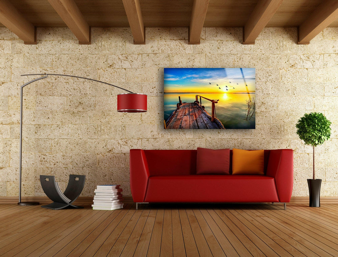 Sunset on The Lake & Birds Glass Wall Art