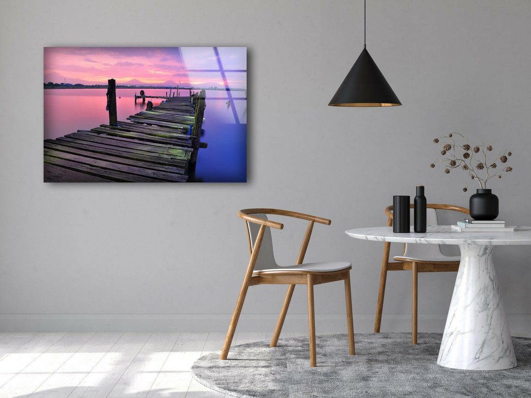 Abandoned Dock Sunrise Glass Wall Art