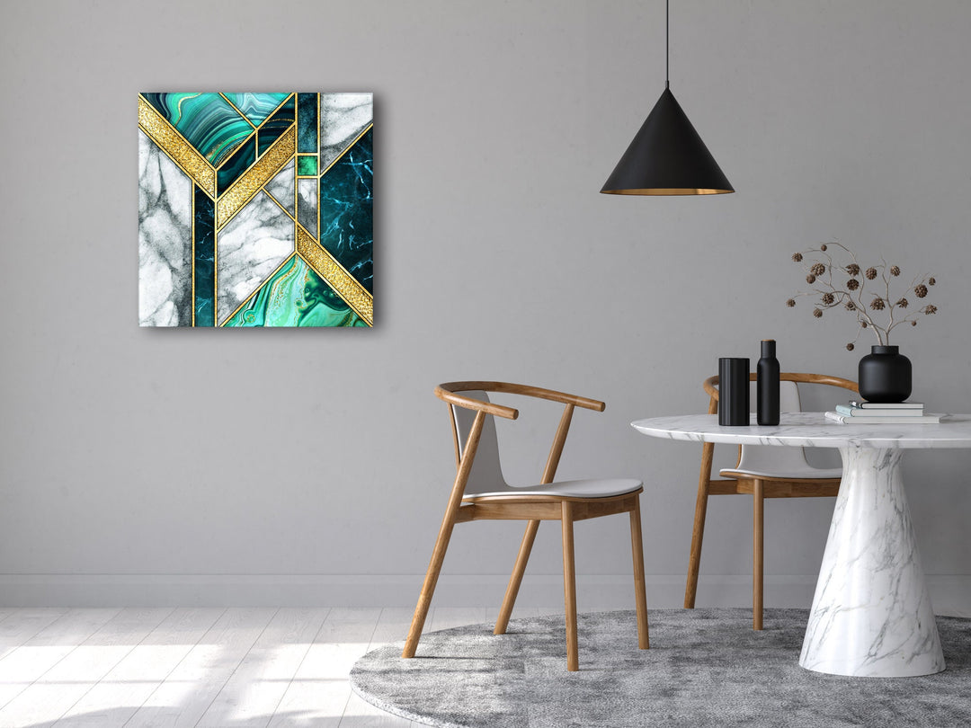 Green Gold Marble Geometric Abstract Glass Wall Art, Glass Printing Wall Art, Print photos on glass