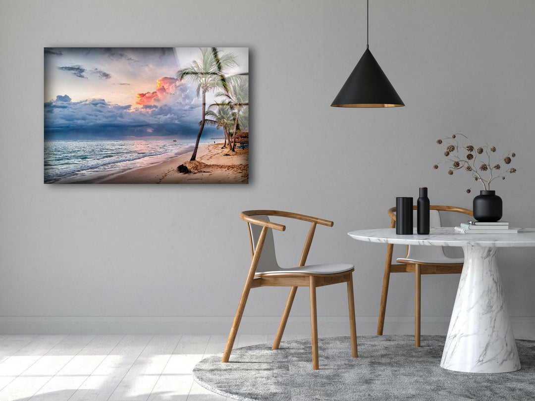 Tropical Beach With Palm Tree Glass Wall Art