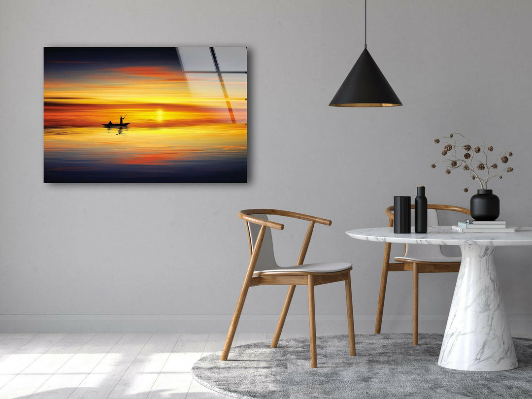 Sunset Sea Landscape & Boat Glass Wall Art custom glass pictures, glass art prints