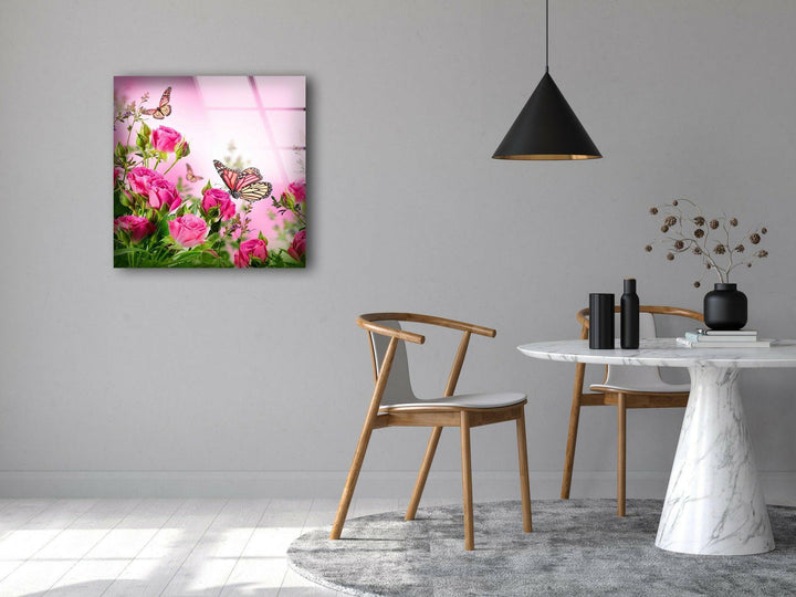 Pink Rose Butterfly Glass Wall Art, glass pictures for Wall, glass prints wall art