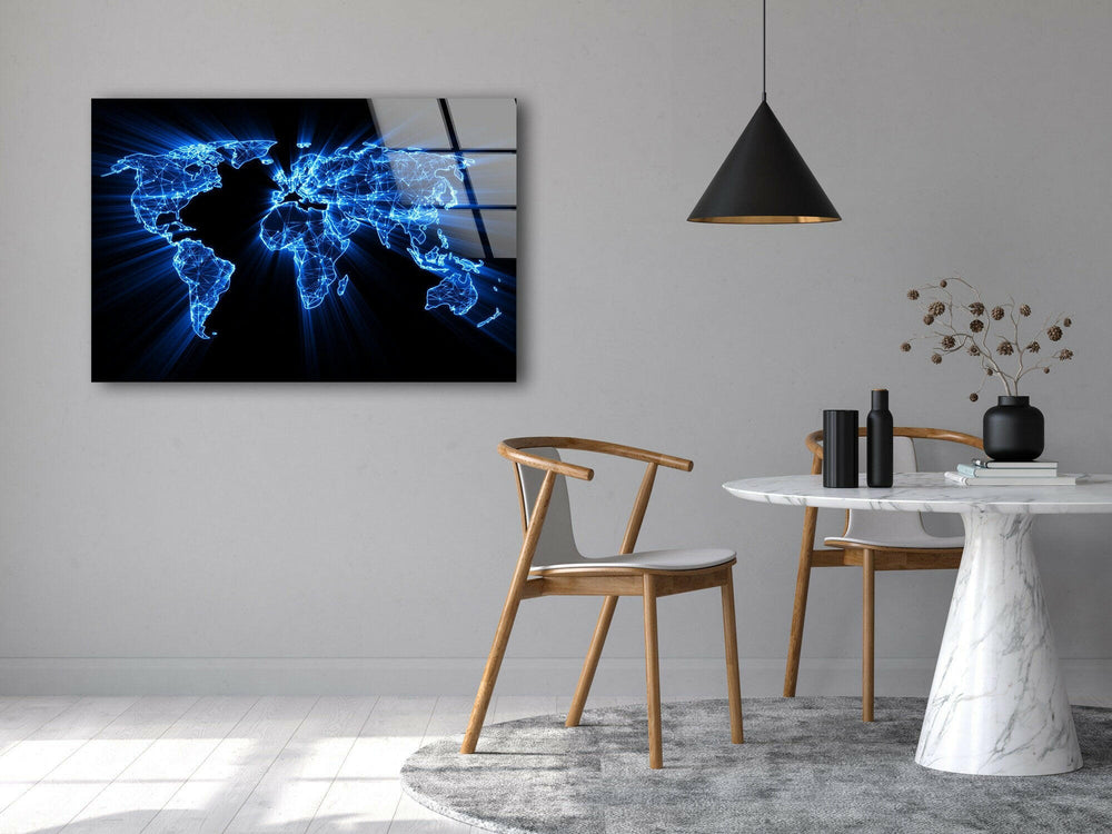 Blue Neon Coool World Map Glass Wall Art