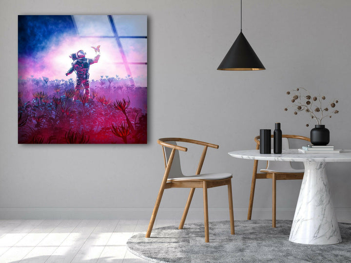 Astronaut With Butterfly Glass Wall Art, custom glass pictures, glass art prints